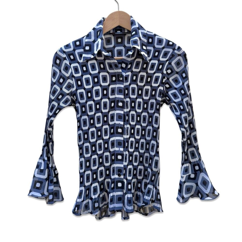 Belissimo New York Vintage Pleated Button Down Ruffle Long Sleeve Y2K 2000 Shirt